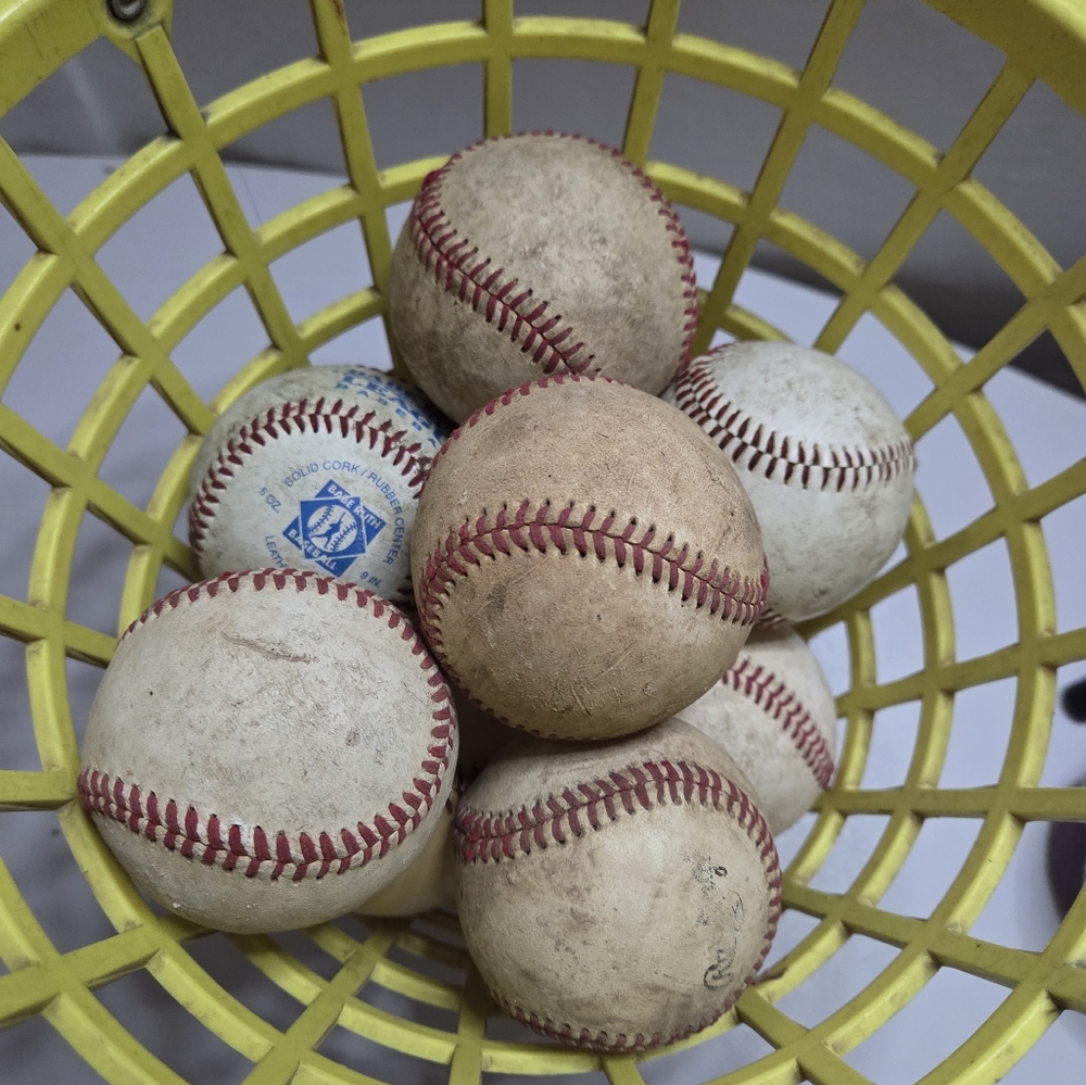 Set of Baseballs in Yellow Basket,  Used Condition, For Play Or Crafts